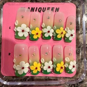 Floral Yellow and Green Handmade Press-On Nails